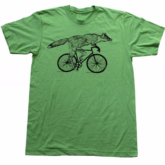 Mens BICYCLE Tshirt FOX on a Fixie BIKE Unisex Grass Green