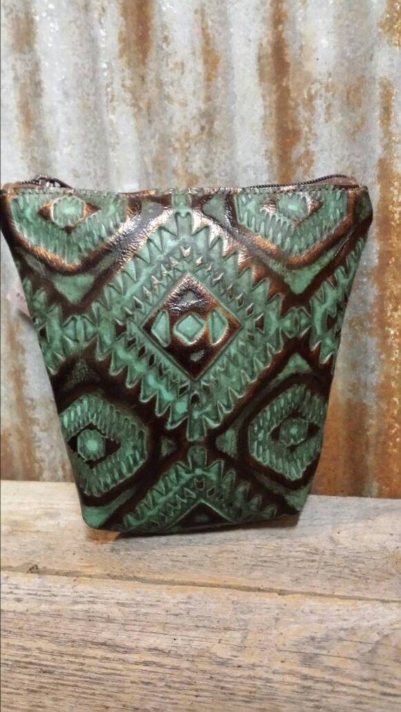 Mini Cosmetic Bag in heavy embossed turquoise and copper