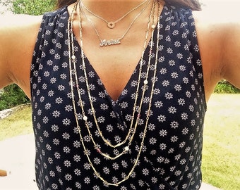 Long vintage triple strand necklace. Long gold necklace. Faux white pearls, pink glass beads. Vintage 1928 jewelry.