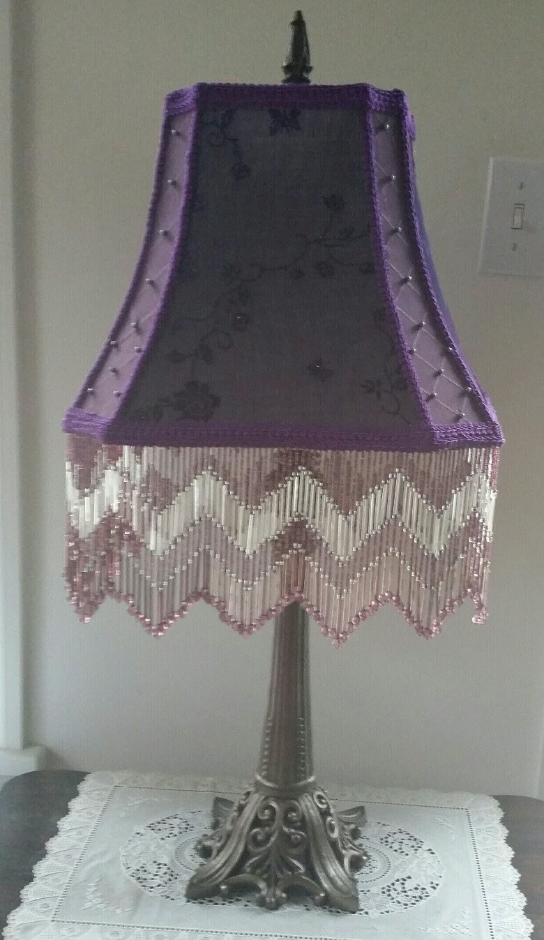 Purple handmade Victorian lamp shade with beaded fringe