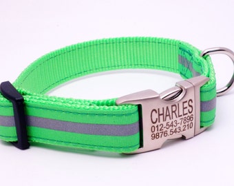 Reflective Dog Collars-safety One inch wide dog collars - personalized - for a safe return of your pet. Four colors to choose from
