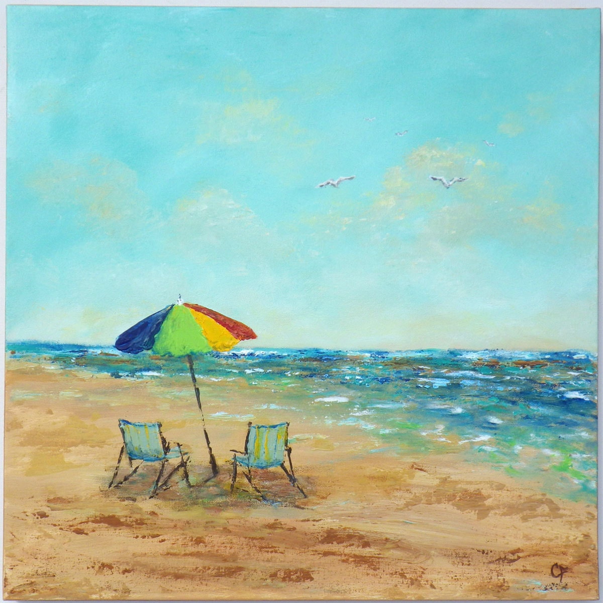 Abstract beach painting with beach chairs and umbrella large