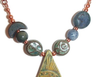 Ceramic and Copper Necklace. Blue and Green. Spring