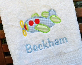 Monogrammed Kids Bath Towel with Airplane Applique - perfect for the beach, bath or pool