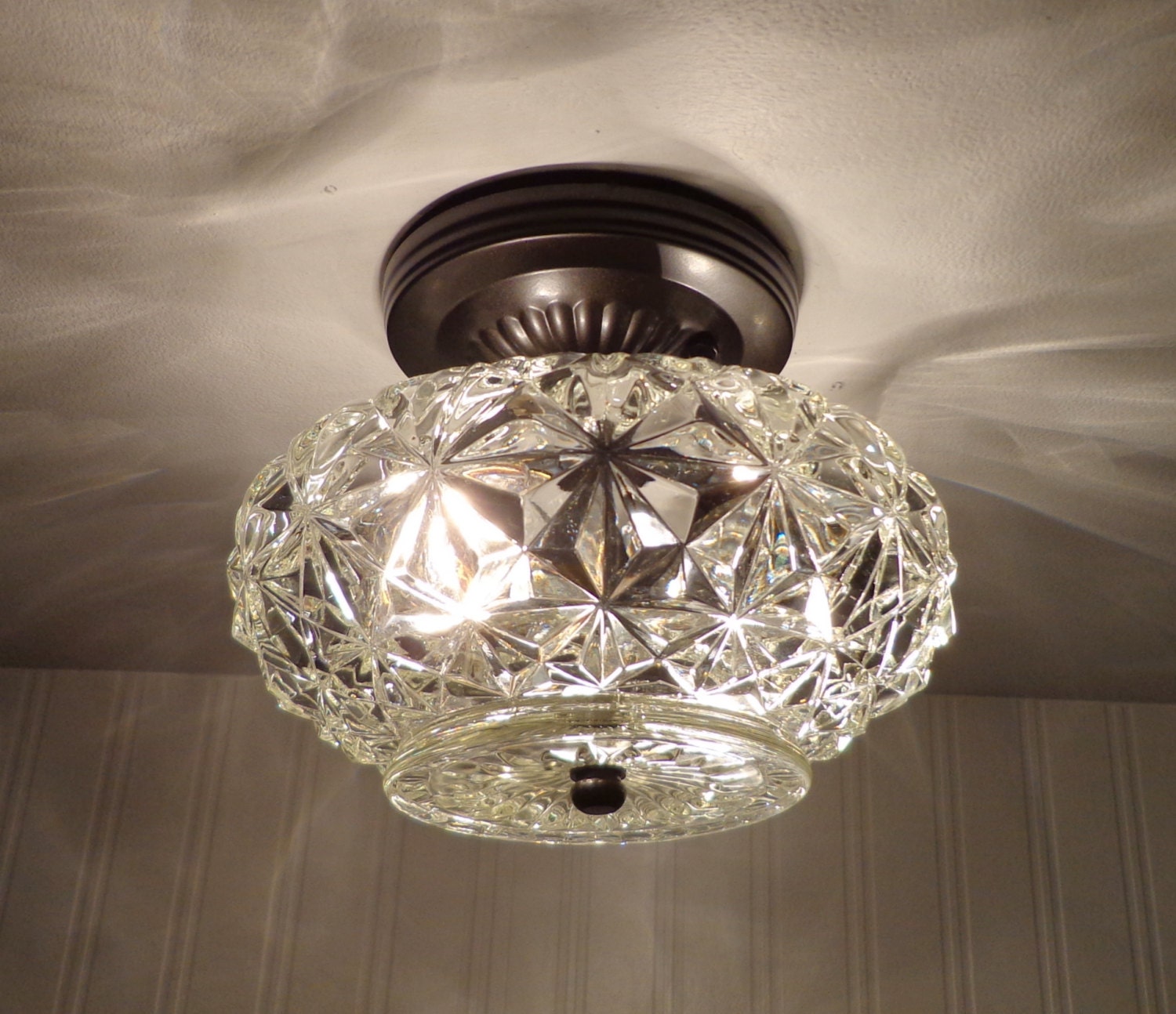 Heavy VINTAGE Diamond Cut Glass CEILING LIGHT