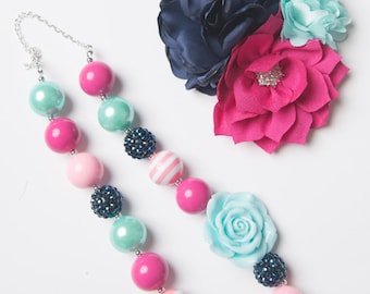 Navy necklace, Pink bubblegum necklace, girl necklace, chunky bead necklace, bubble gum necklace, toddler necklace, baby girl necklace