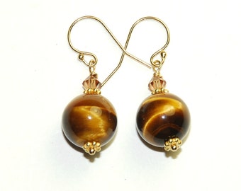 Tigers Eye Earrings - Tiger Eye - Short drop earrings - Brown and Gold - 14K Gold fill