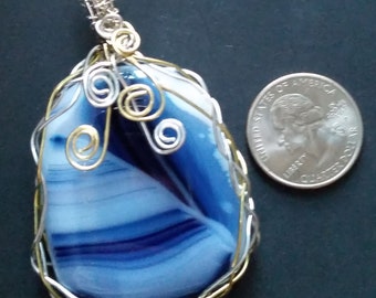 Shades of Blue Fused Glass Wire Wrapped Pendant