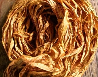 Butter Toffee Recycled Sari Silk Thin Ribbon Yarn 5, 10 or 50 - 55 Yards for Jewelry Weaving Spinning & Mixed Media