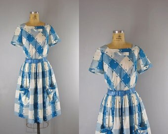 1960s Vintage Dress l 60s Blue Plaid Dress with Bow Details