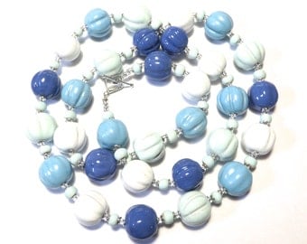 Blue and White Beaded Necklace, Statement Necklace, Kazuri Bead Necklace, Fair Trade, Cornflower Blue and White