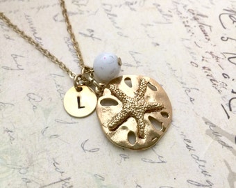 Sand Dollar Necklace, Initial Necklace, Hand stamped Necklace, Best friend Gift, Handmade Jewelry, Bridesmaid Gift, Friendship Necklace