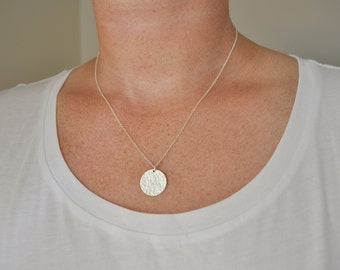 Large Sterling Silver Disc Necklace - round circle charm 5/8 inch hammered pendant modern classic simple chic everyday jewelry
