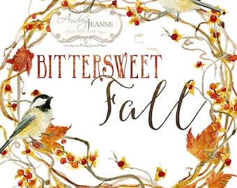 Watercolor Fall Wreath, Digital Clip Art, Autumn Leaves Clipart, Bittersweet Vine, Chickadee Birds, watercolour pumpkins, twigs leaves berry