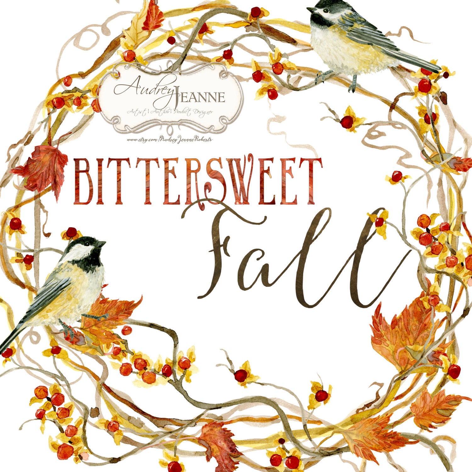 Watercolor Fall Wreath Digital Clip Art Autumn Leaves