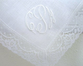 Irish Linen Lace Handkerchief with 3 Initial Monogram & Date