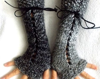 Long Fingerless Gloves Knit Grey Shades Corset Arm Warmers Variegated for Women Victorian Style