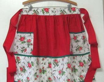 Vintage Red Rose Cotton Kitchen Hostess Half Apron