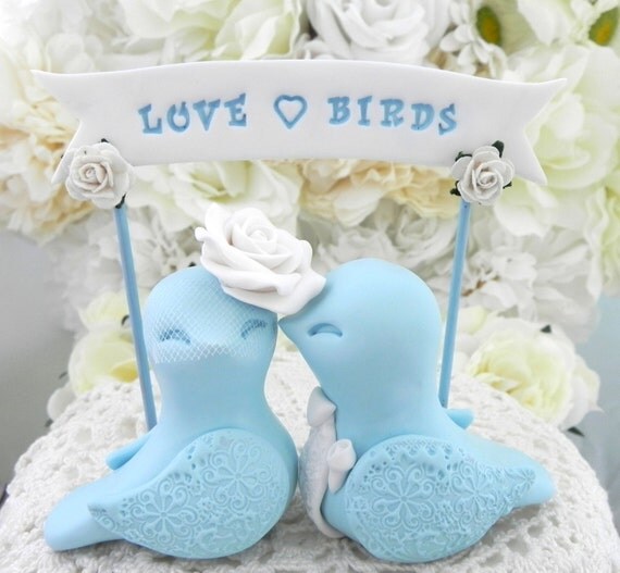 Wedding Cake Topper Love Birds White and Light Blue Love