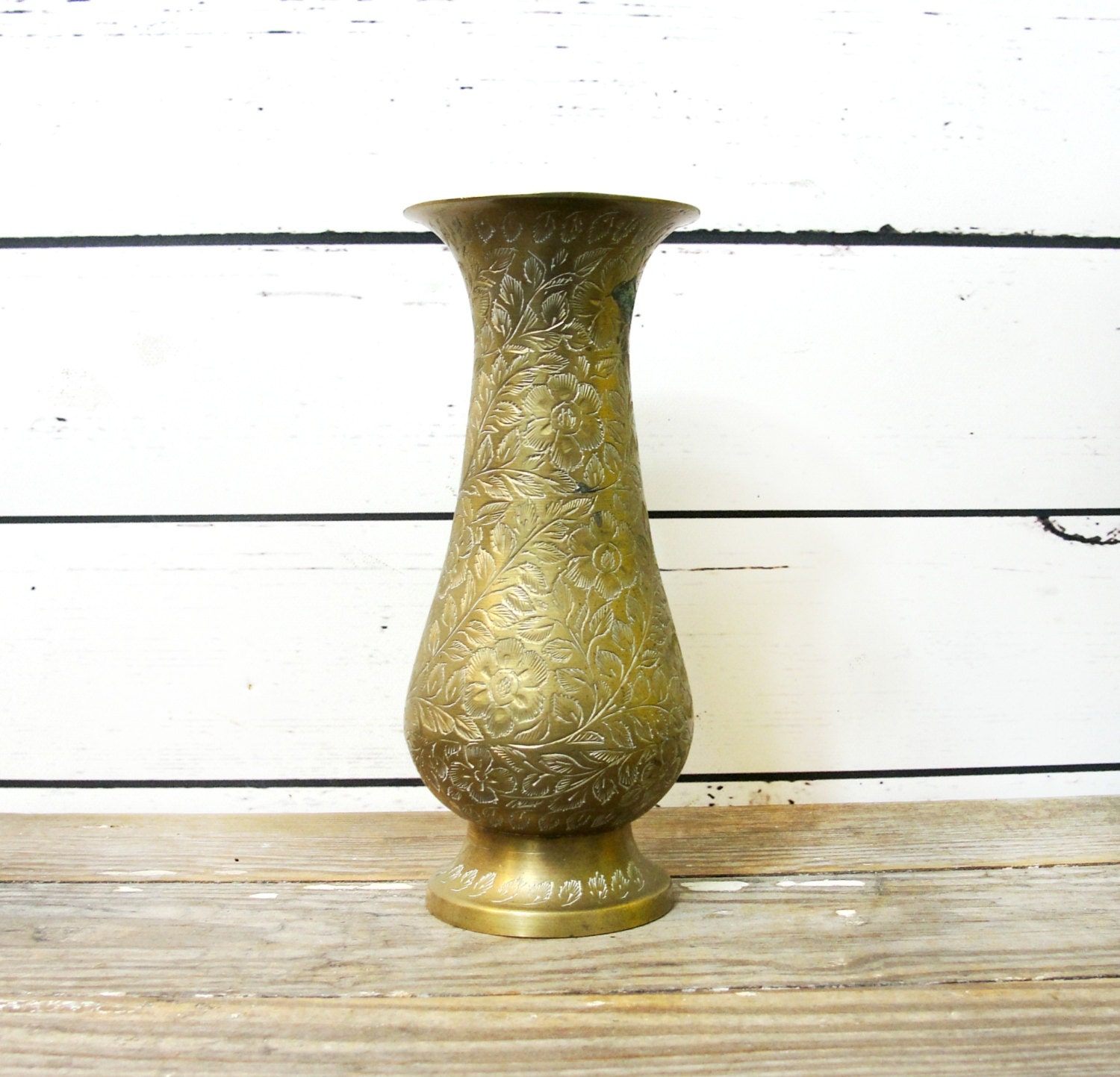 Vintage Etched Brass Vase Small Metal Hourglass by TheVintageTabby