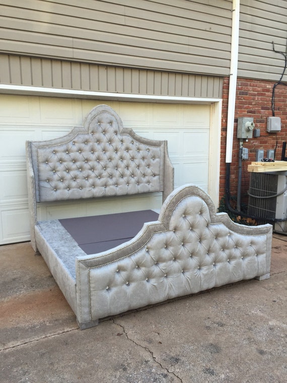 Tufted Bed Velvet Gray King Size Nailhead Trim CUSTOM ORDER