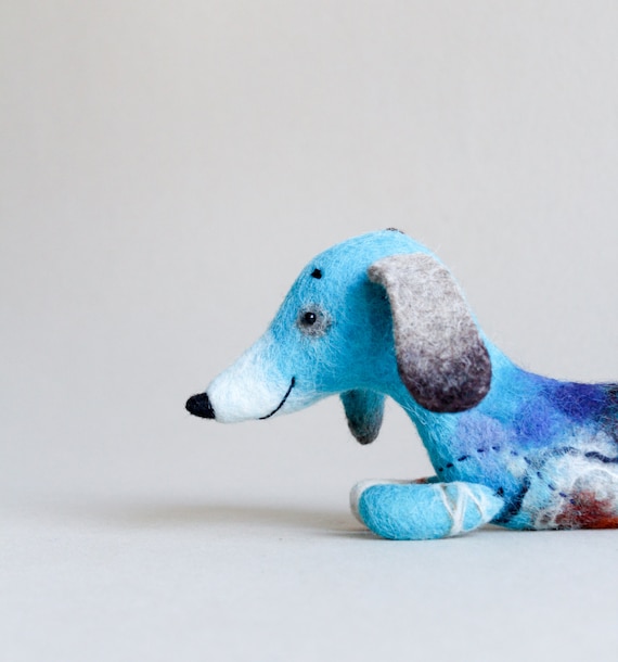Felt Toy kids gift  Dachshund - Hubert Waldorf Felted dog Art Toy Puppet Dog Plush Marionette Stuffed Toy. blue turquoise.  MADE TO ORDER.