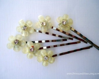 Bridal Cabochon bobby pin - Petite silvery champagne glitter and ebony black flower with rhinestone decorative embellish jewel TREASURY ITEM
