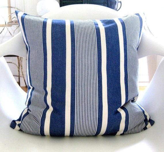 Blue French Ticking Stripe Ralph Lauren Pillow Cover