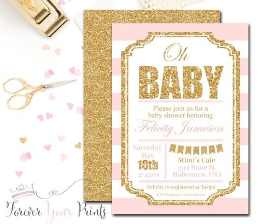 Pink and Gold Baby Shower Invitation, Girl’s Baby Shower, Glitter Baby Shower, Printable Baby Shower, Striped Baby Shower, Oh Baby Il_570xn