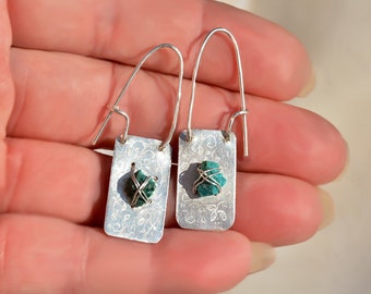 Raw Turquoise Silver Hoop Earrings. Engraved. Silver Sheet Earrings Raw Turquoise Earrings. Stone Jewelry Teal Earring Silver Jewelry Israel