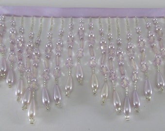 Light Lavender Pearl and Silver 4 inch Long Graduated Beaded Fringe Decorator Trim