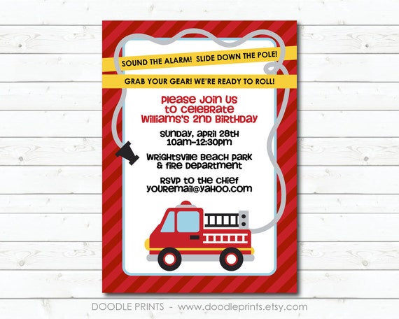 Fire Truck Invitation Birthday Party Invitation Fire Fighter