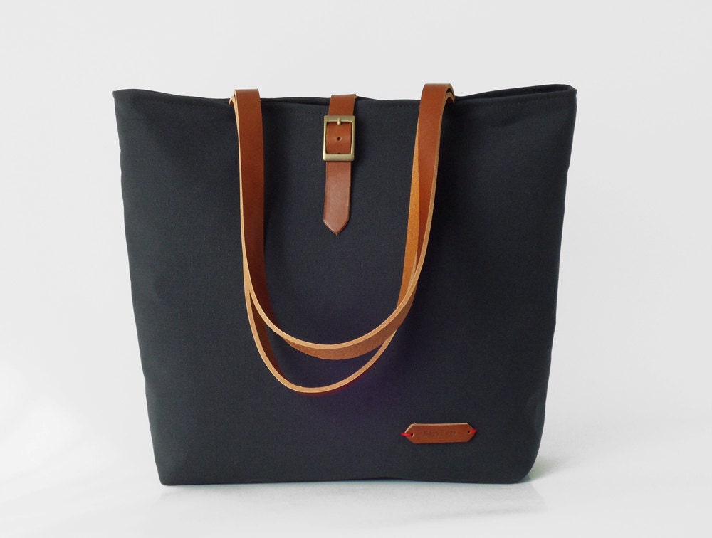 Dark navy tote / diaper bag / shoulder bag leather by BagyBags