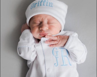 Baby boy coming home outfit, Monogrammed footie, Personalized Baby gift, Monogrammed sleeper, pima cotton, newborn pictures, shower gift
