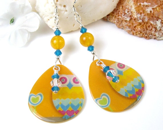 Cute Owl Earrings, Colorful Shell, Blue Crystals, Yellow Jade, Sterling Silver Beads Hooks, Summer Beach Dangles, Whimsical Birds Handmade