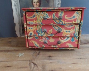 vintage French fabric covered box sewing box with drawers