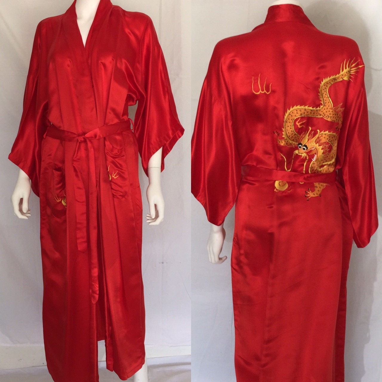 Vintage Crimson Red Silk Kimono with Embroidered Dragon Design