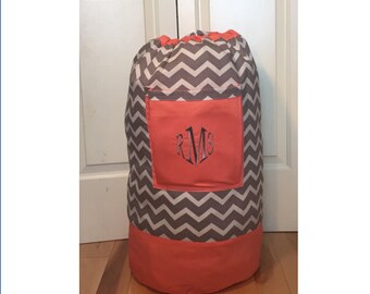 Monogrammed Laundry Duffel Bag, Coral, Gray & White Chevron, Laundry Bag, Laundry Bag for College, Hanging Laundry Bag, Laundry Hamper
