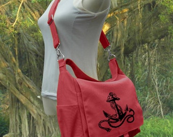 Screen print messenger bag, red canvas shoulder bag, diaper pag, school bag for students