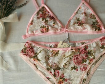 Le bouquet - Rose imprimé dentelle base lingerie ensemble