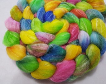 Hand Dyed Merino/Bamboo/Tussah Silk Top - 50/25/25 - 4 ounces - Yellow, Lime Green, Pink, and Blue