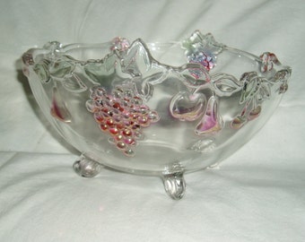 Footed Crystal Fruit Bowl, Raised Colored Fruit Accents