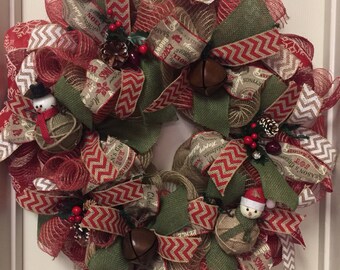 Deco Mesh Christmas Wreath, Christmas Wreath, Holiday Wreath, Snowman Christmas Wreath, Christmas Decoration