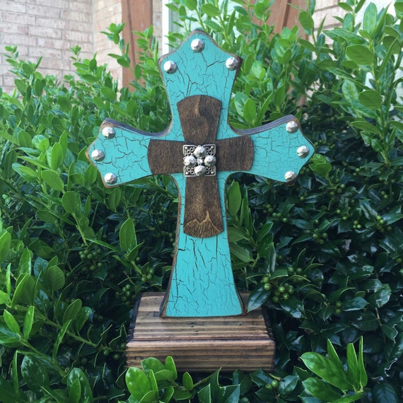 Items similar to Standing Turquoise Wood Cross, Western Wood Cross on Etsy