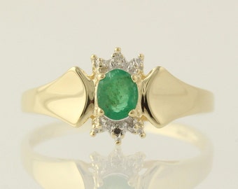 Emerald Ring w/ Diamond Accents - 10k Yellow Gold Women's Oval ...