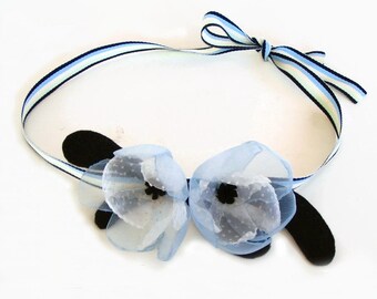 Bridal Hair Flower, Sky Light Blue Black Organza Flower Headband, Boho Wedding Accessory
