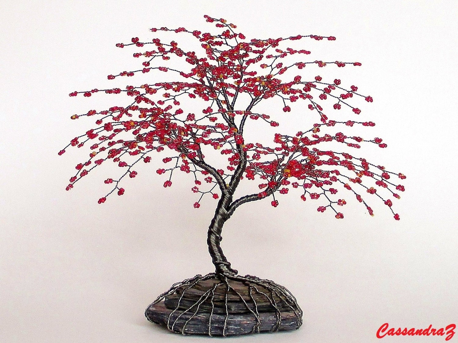 Red Cherry Blossom Beaded Bonsai Wire Tree Sculpture by CassandraZ
