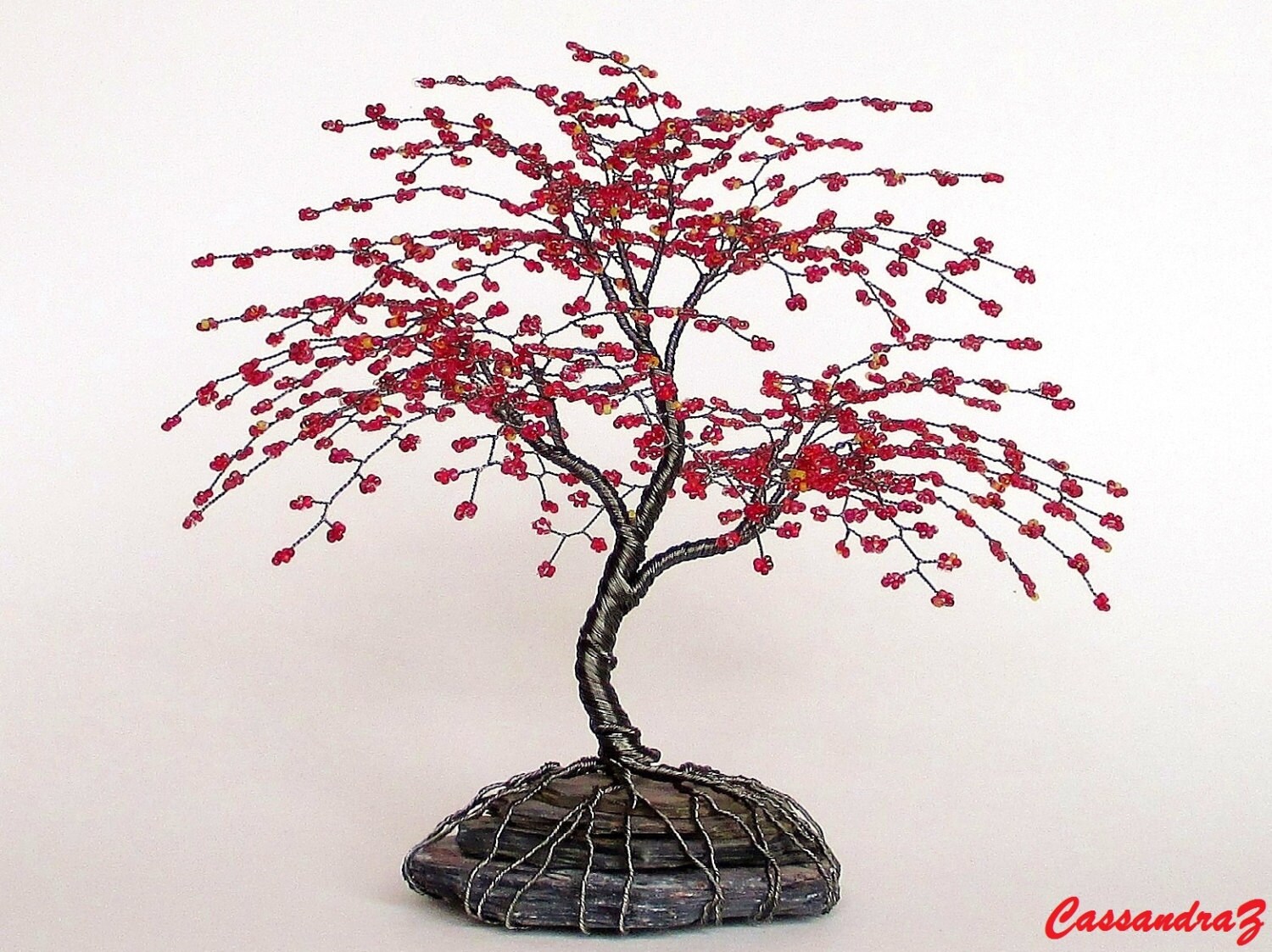 Red Cherry Blossom Beaded Bonsai Wire Tree Sculpture by CassandraZ