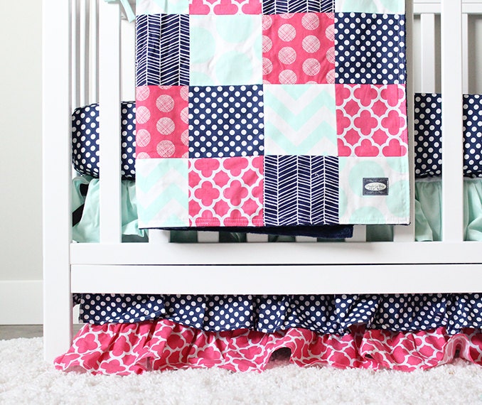 Baby Girl Crib Bedding Navy Mint and Pink Baby by GiggleSixBaby