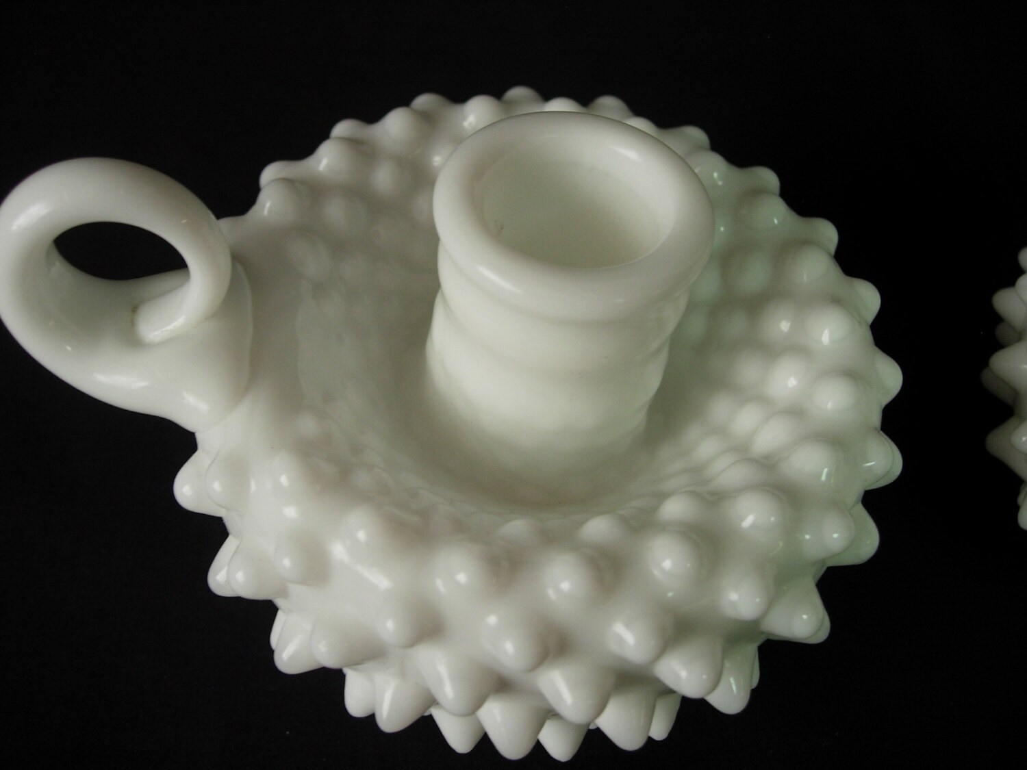 2 Fenton Milk Glass Hobnail Finger Loop Handle Candle Holders